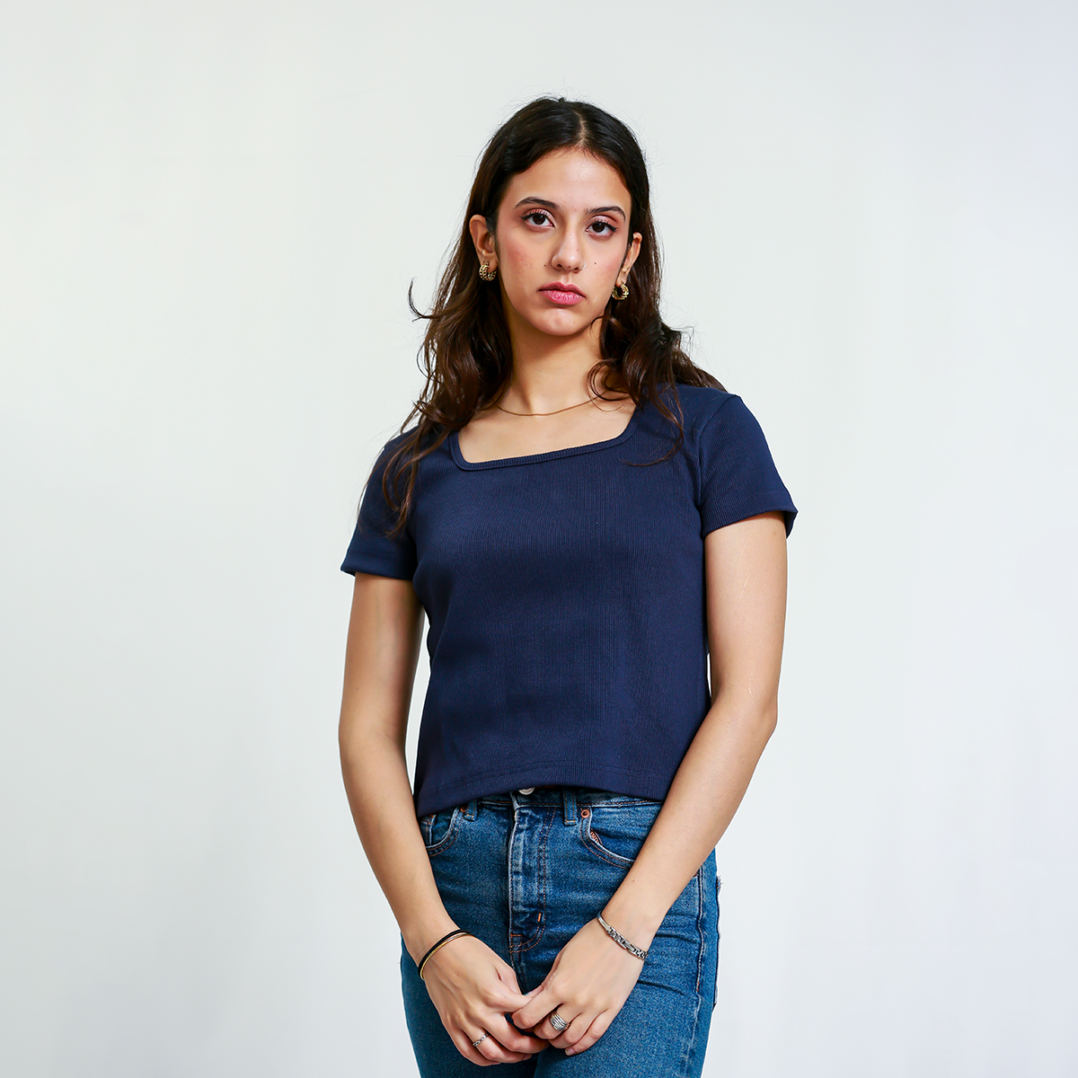 Navy Blue Square Neck Ribbed Shirt
