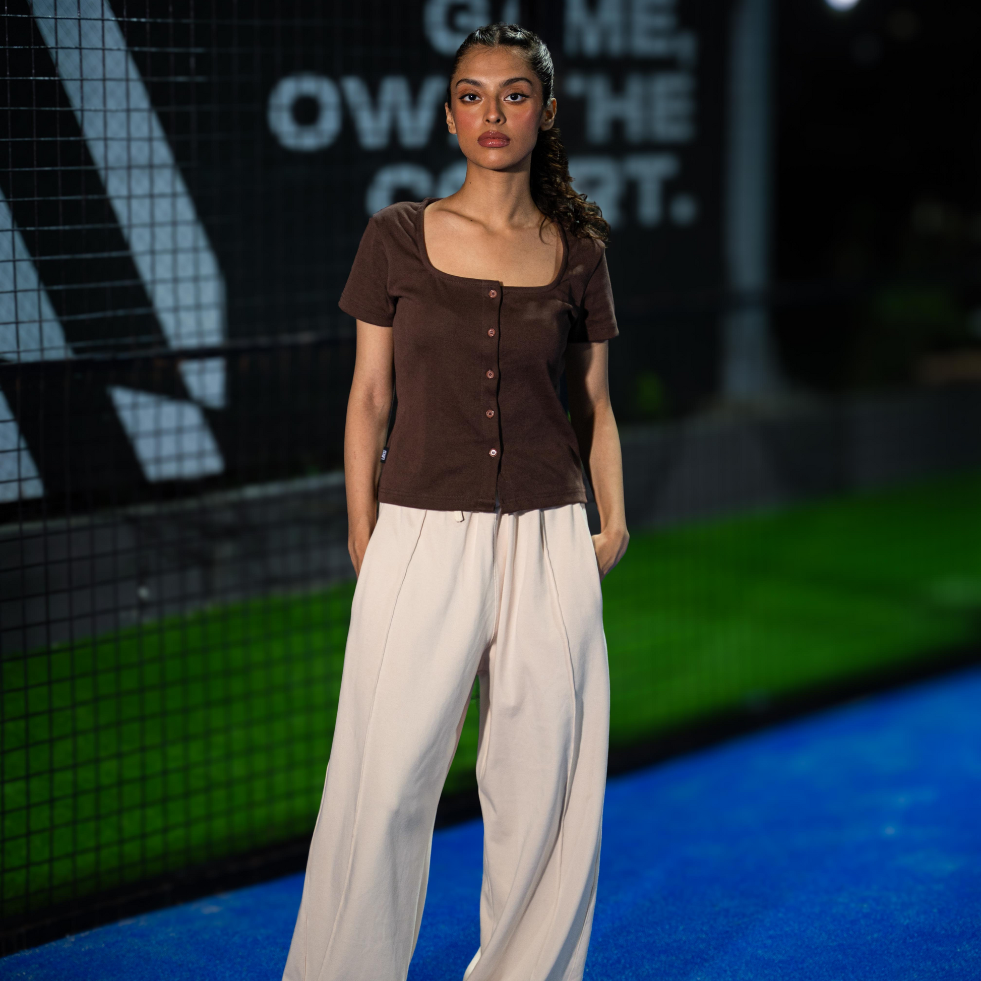Mocha Earth Button Through Square Neck Top
