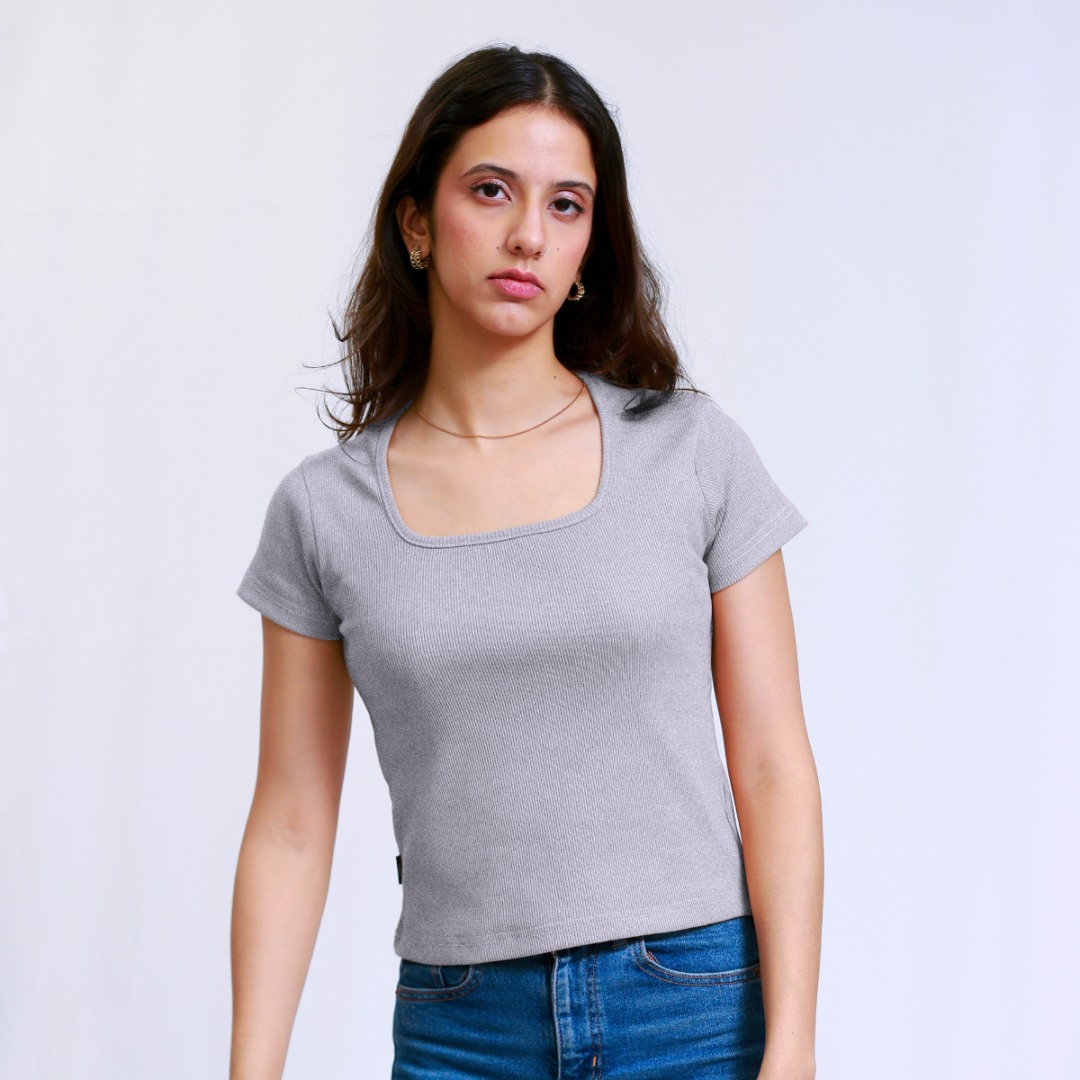 Heather Grey Square Neck Ribbed Shirt