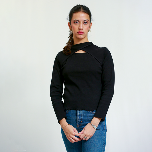 Black Cutout Neck Ribbed Shirt