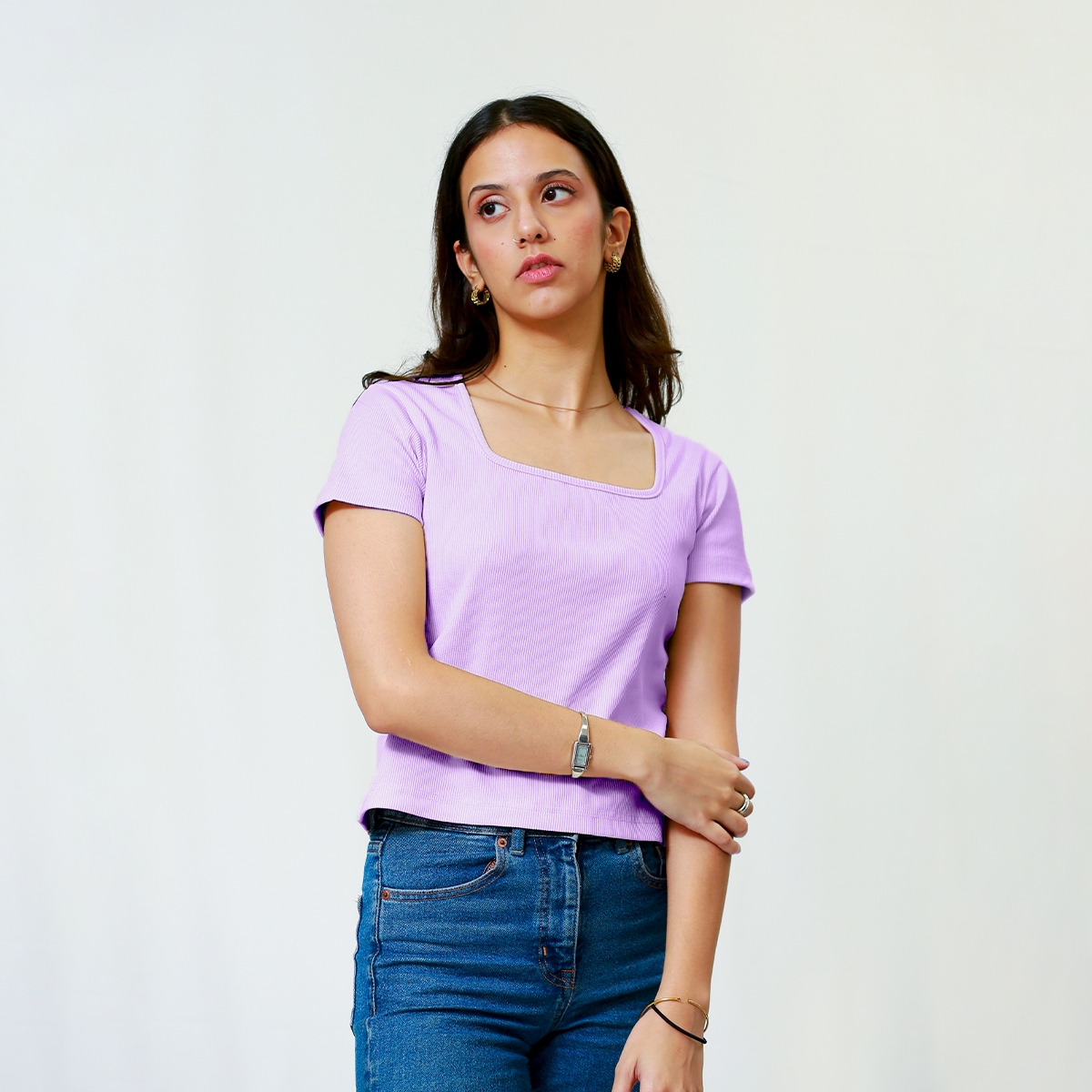 Lilac Square Neck Ribbed Shirt