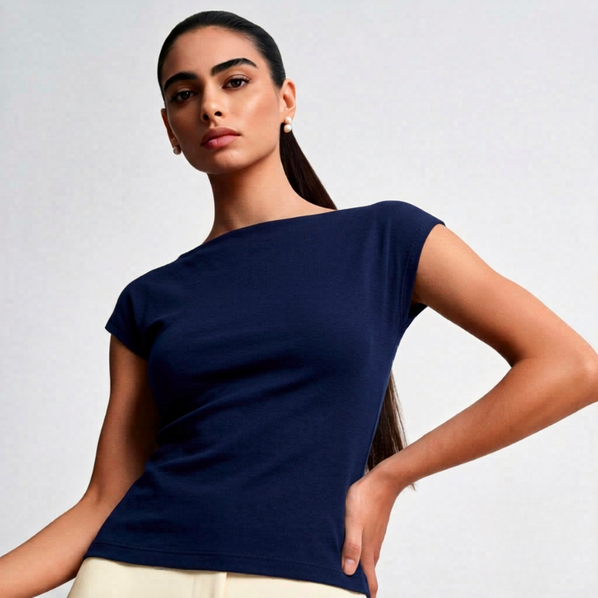 Navy Blue Boat Neck Top