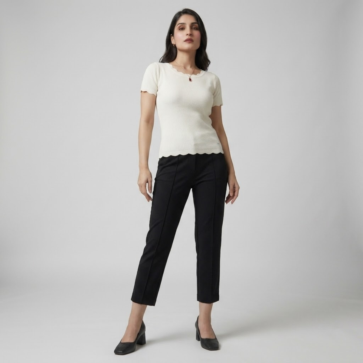 White Scallops Ribbed Shirt