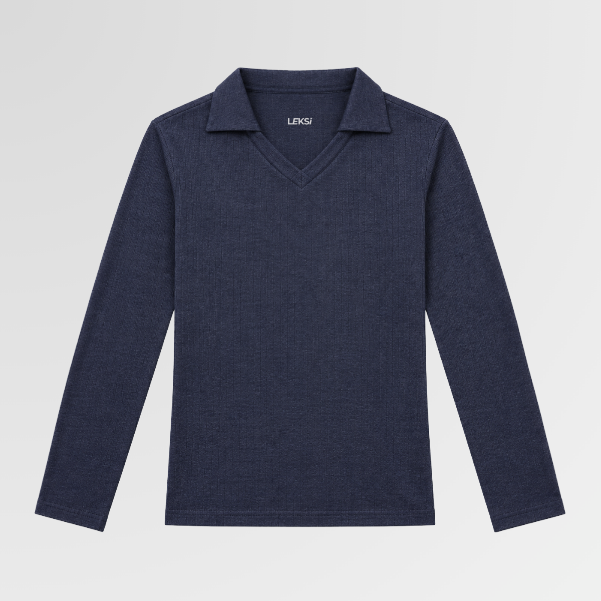 Women's Dusty Blue Ribbed V-Neck Collared Top
