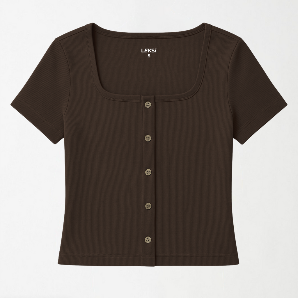 Mocha Earth Button Through Square Neck Top