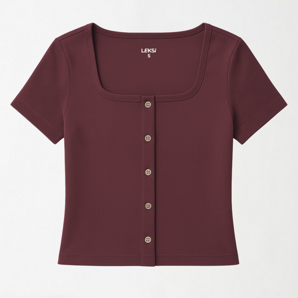 Plum Wood Button Through Square Neck Top