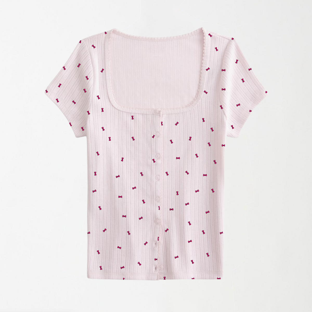 Baby Pink Bows Ribbed Square Neck Top