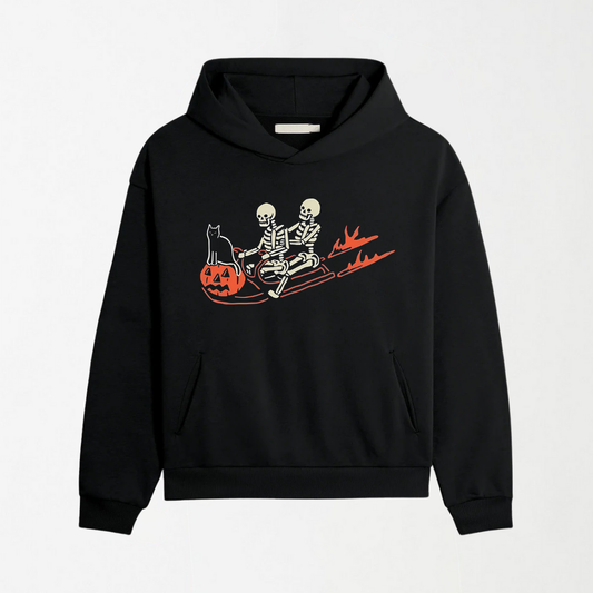 Skeleton Cat Pumpkin Sleigh Halloween - Black Graphic Hoodie