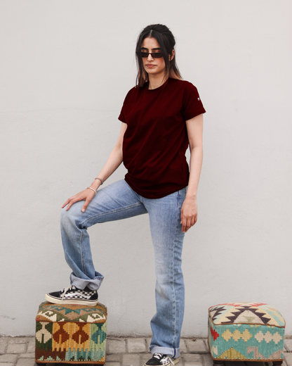 Burgundy - Round Neck Unisex T-Shirt