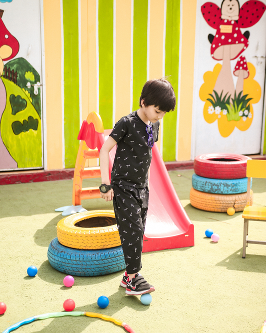 Mini Dino Black Unisex Kid's Pyjama Set