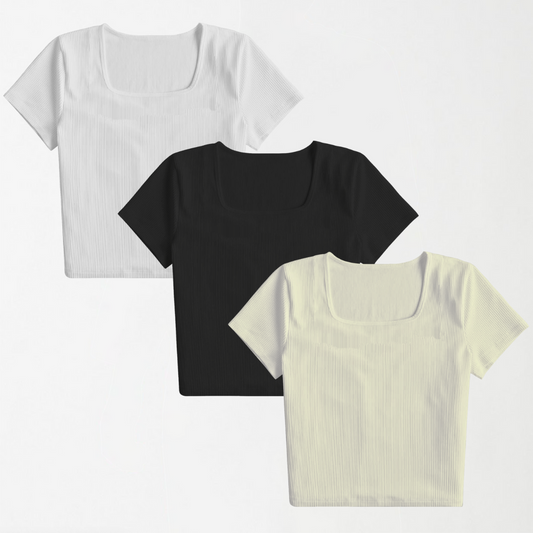 Square Neck Ribbed Shirts -  Bundle of 3 (White, Black, Off-White)