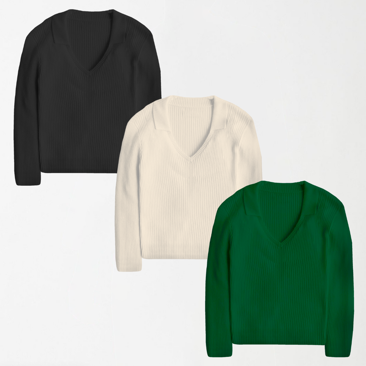 Full Sleeves Polo Ribbed Shirts -  Bundle of 3 (Black, Off-White, Dark Green)