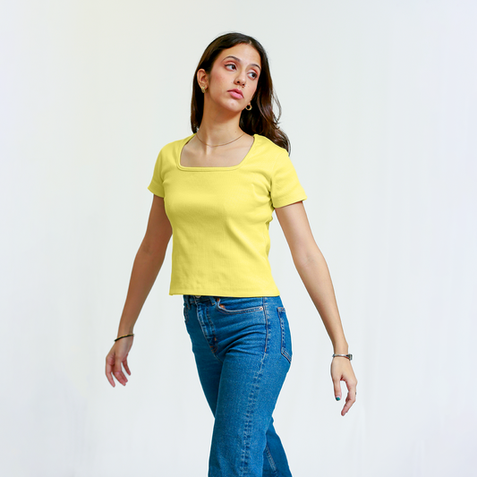 Yellow Square Neck Ribbed Shirt