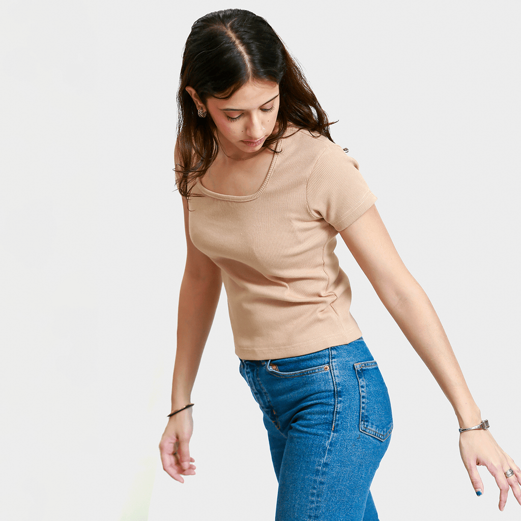 Beige Square Neck Ribbed Shirt XXS - Premium Unisex Square Neck | LEKSI Pakistan
