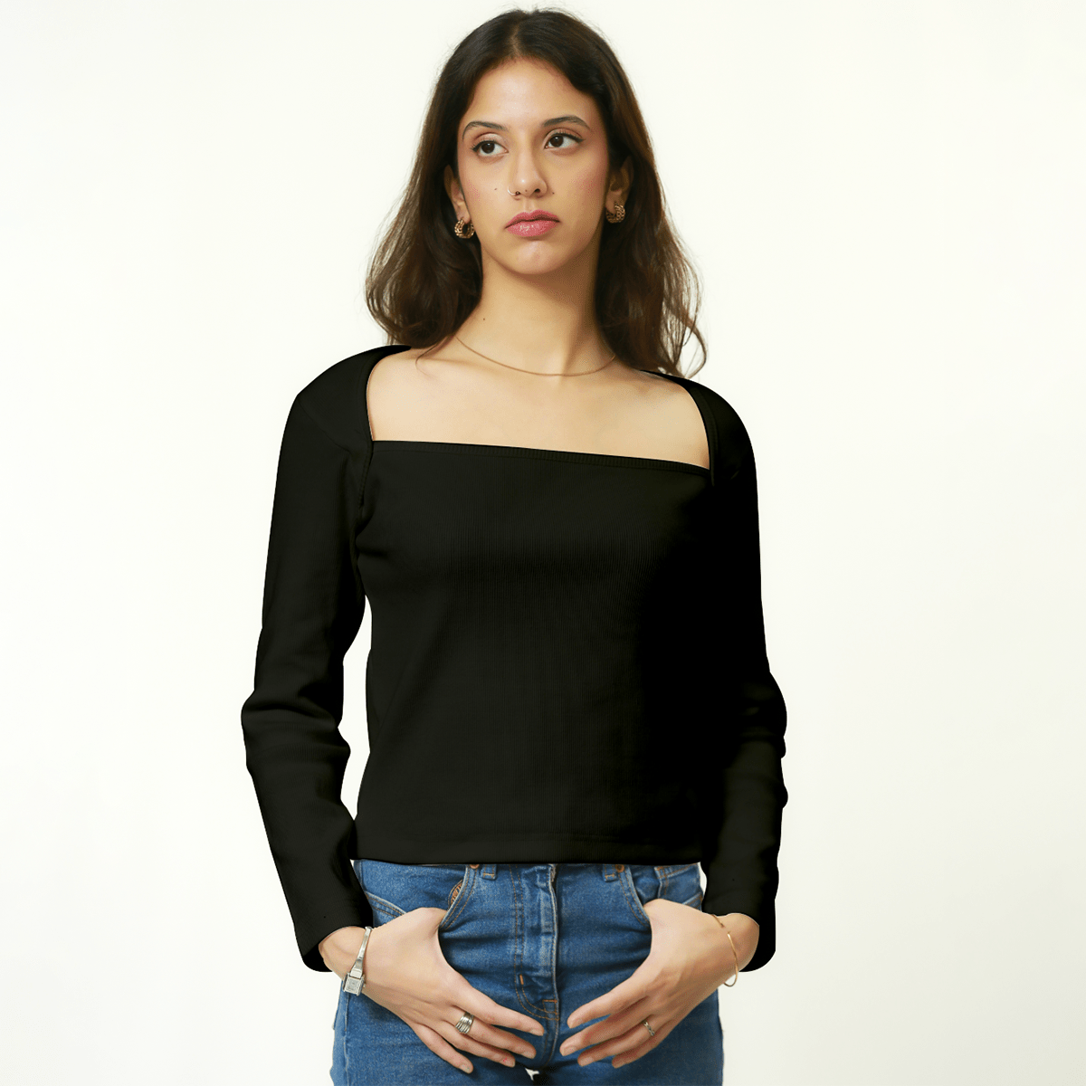 Black Broad Neck Full Sleeves Ribbed Shirt XXS - Premium Unisex Broad Neck | LEKSI Pakistan