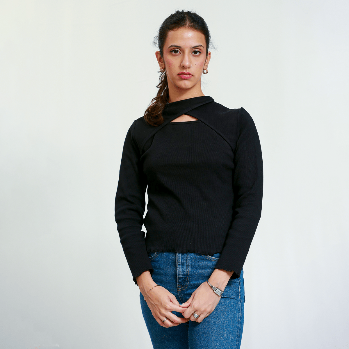 Black Cutout Neck Ribbed Shirt XXS - Premium Unisex Two - Tone | LEKSI Pakistan
