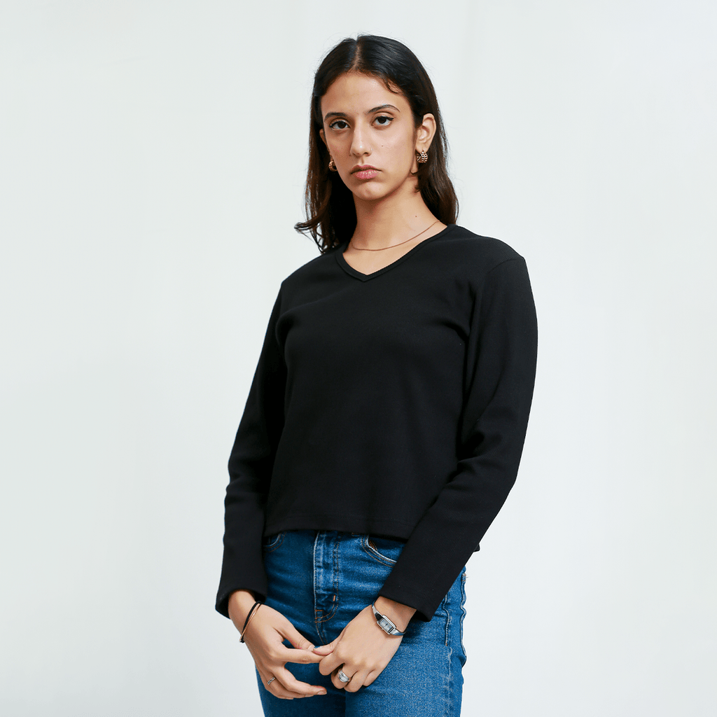 Black Full Sleeves V - Neck Ribbed Shirt XXS - Premium Unisex V - Neck | LEKSI Pakistan