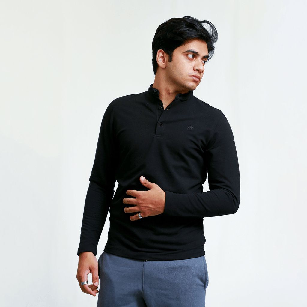 Black Henley Full Sleeves - Men’s Shirt S - Premium Unisex | LEKSI Pakistan