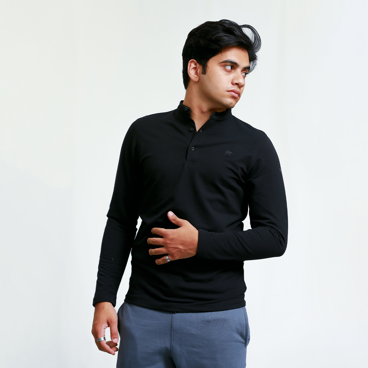 Black Henley Full Sleeves - Men’s Shirt S - Premium Unisex | LEKSI Pakistan