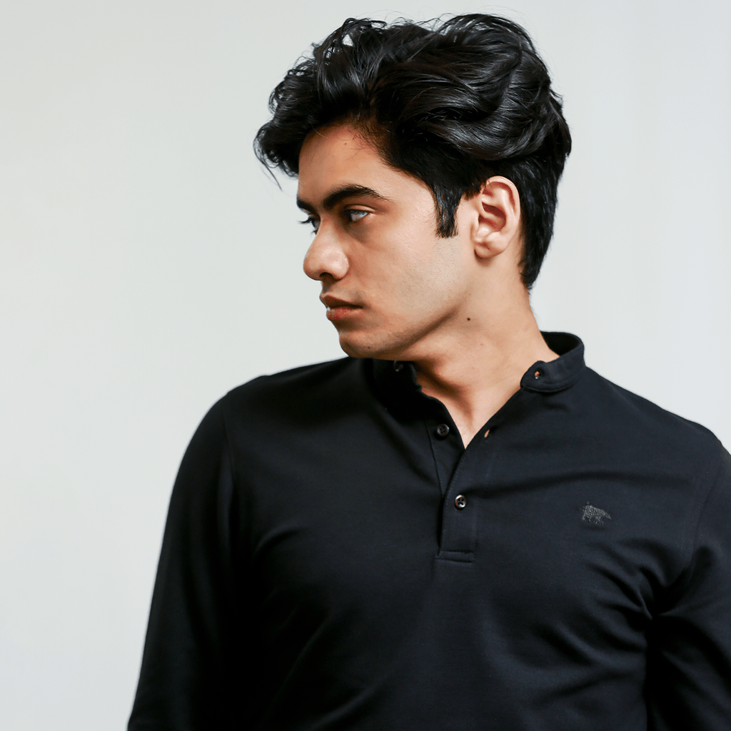 Black Henley Full Sleeves - Men’s Shirt S - Premium Unisex | LEKSI Pakistan
