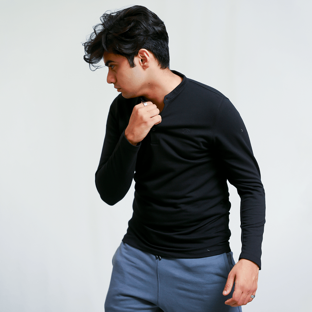 Black Henley Full Sleeves - Men’s Shirt S - Premium Unisex | LEKSI Pakistan
