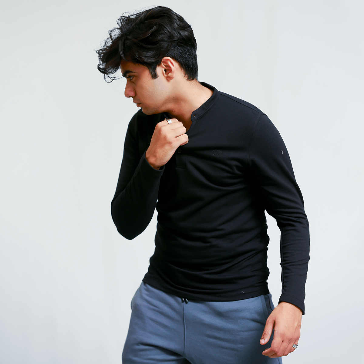 Black Henley Full Sleeves - Men’s Shirt S - Premium Unisex | LEKSI Pakistan