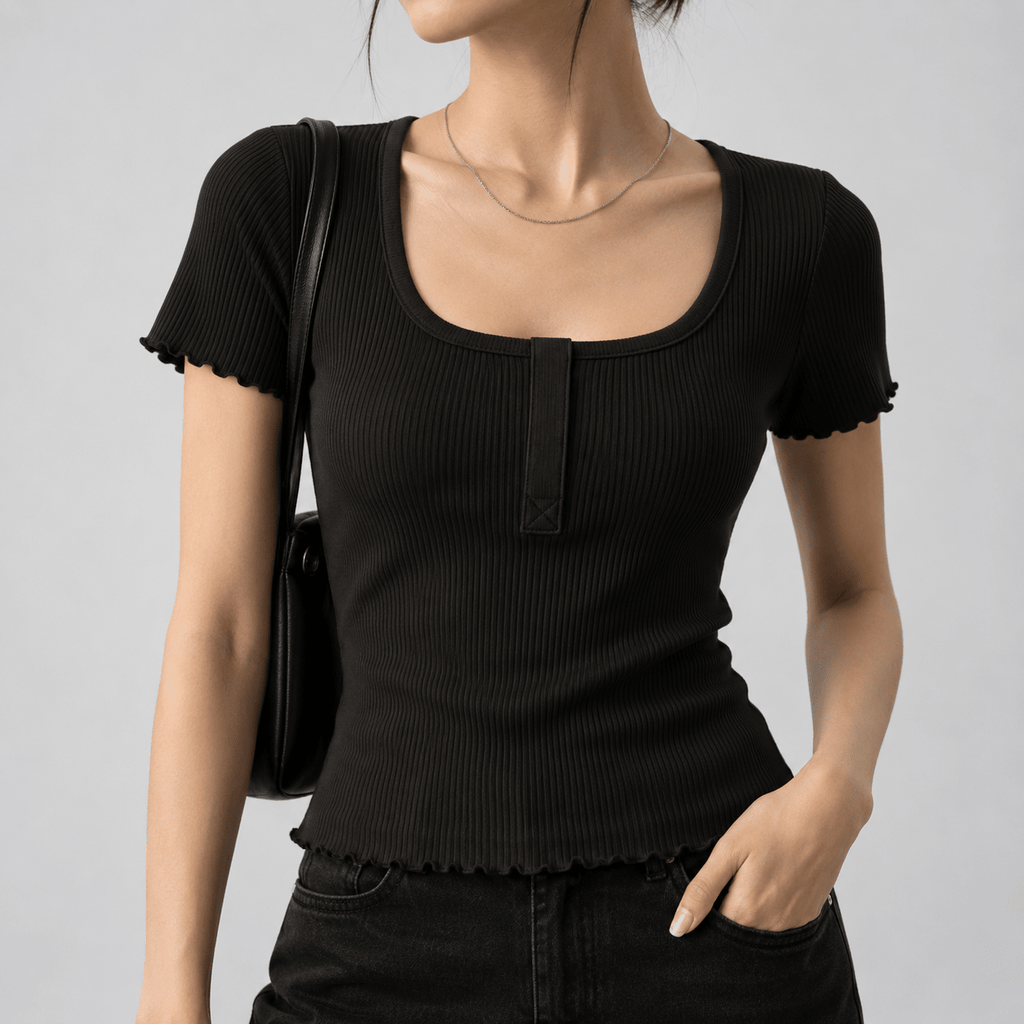 Black Scoop Neck Button Ribbed Top XXS - Premium Unisex Square Neck | LEKSI Pakistan
