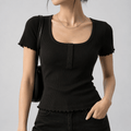 Black Scoop Neck Button Ribbed Top XXS - Premium Unisex Square Neck | LEKSI Pakistan