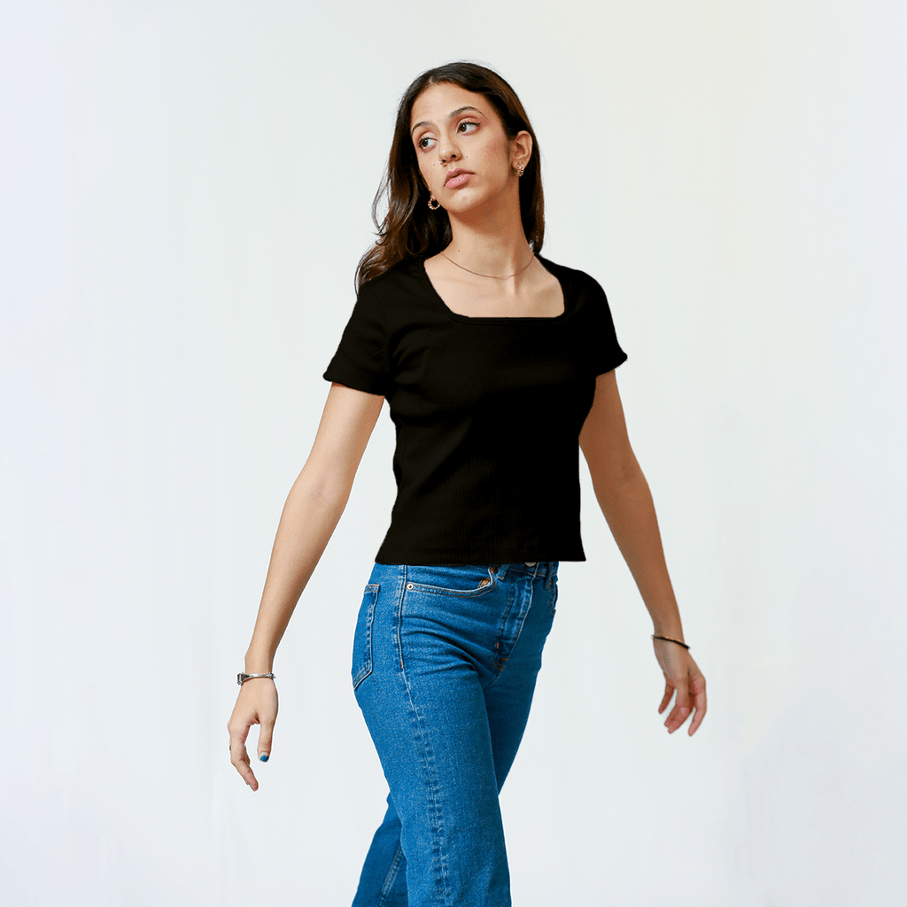 Black Square Neck Ribbed Shirt XXS - Premium Unisex Square Neck | LEKSI Pakistan