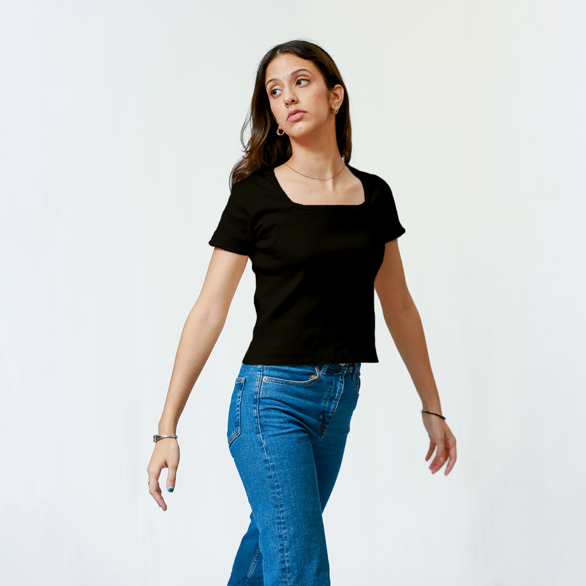 Black Square Neck Ribbed Shirt XXS - Premium Unisex Square Neck | LEKSI Pakistan