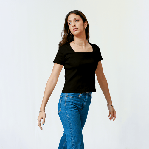 Black Square Neck Ribbed Shirt XXS - Premium Unisex Square Neck | LEKSI Pakistan