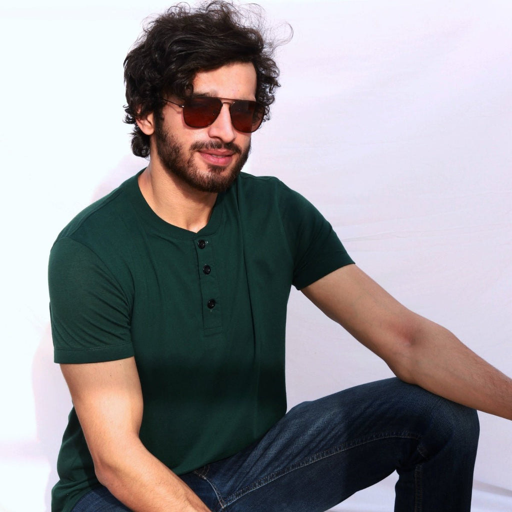 Bottle Green Henley T-Shirt S - Premium Unisex | LEKSI Pakistan