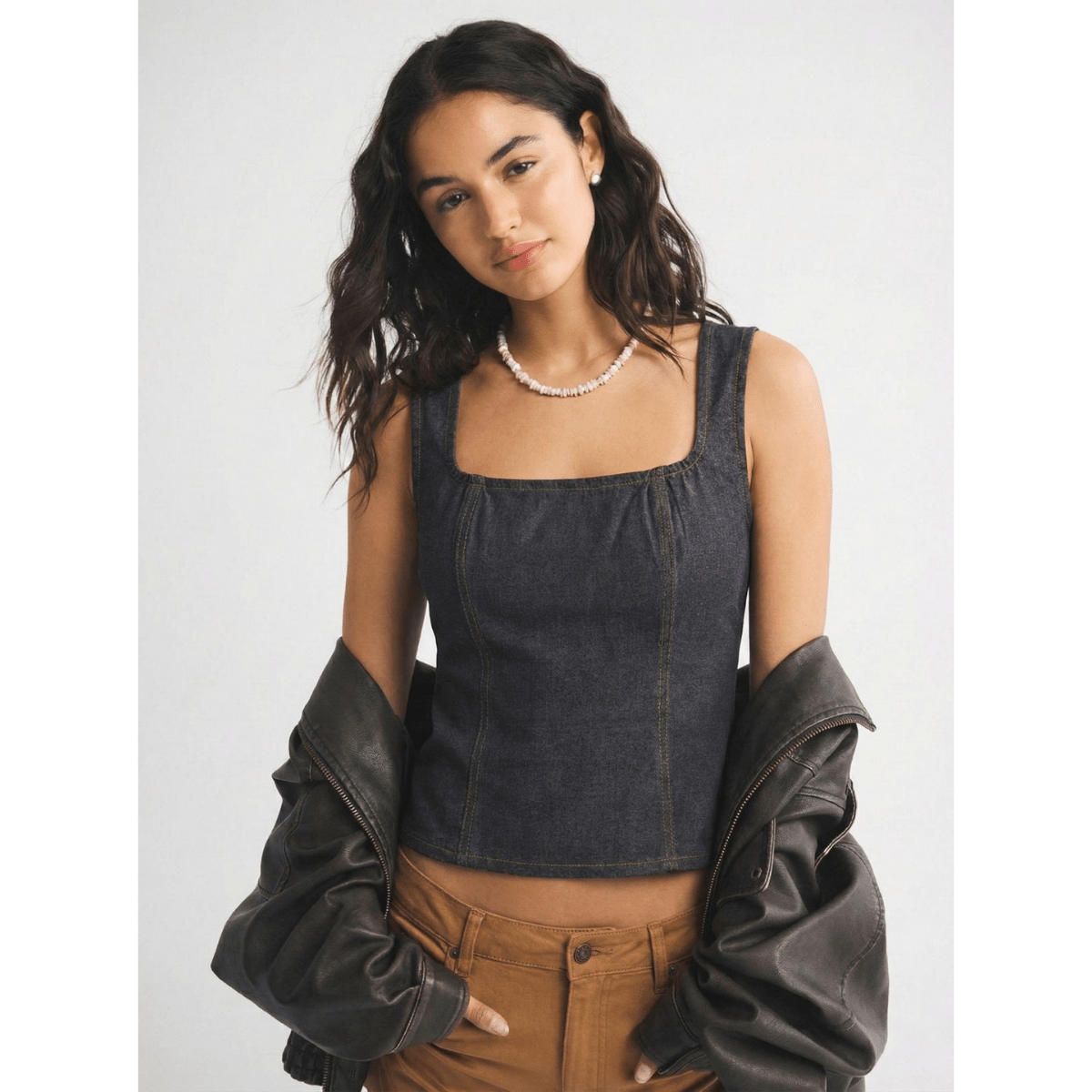 Charcoal Denim Structure Top XS - Premium Unisex Square Neck | LEKSI Pakistan