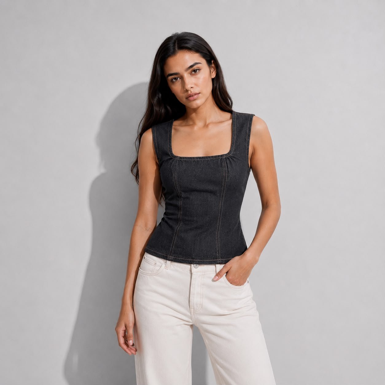 Charcoal Denim Structure Top XS - Premium Unisex Square Neck | LEKSI Pakistan