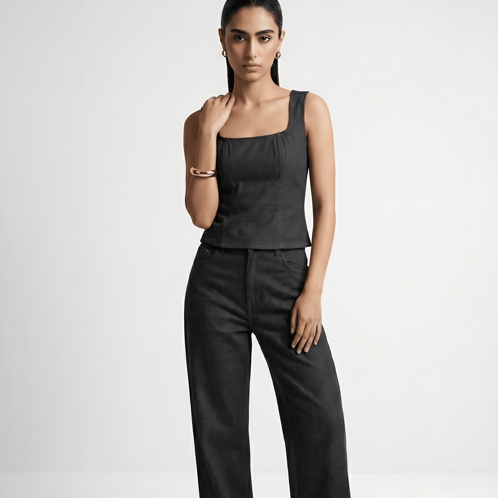 Charcoal Denim Structure Top XS - Premium Unisex Square Neck | LEKSI Pakistan