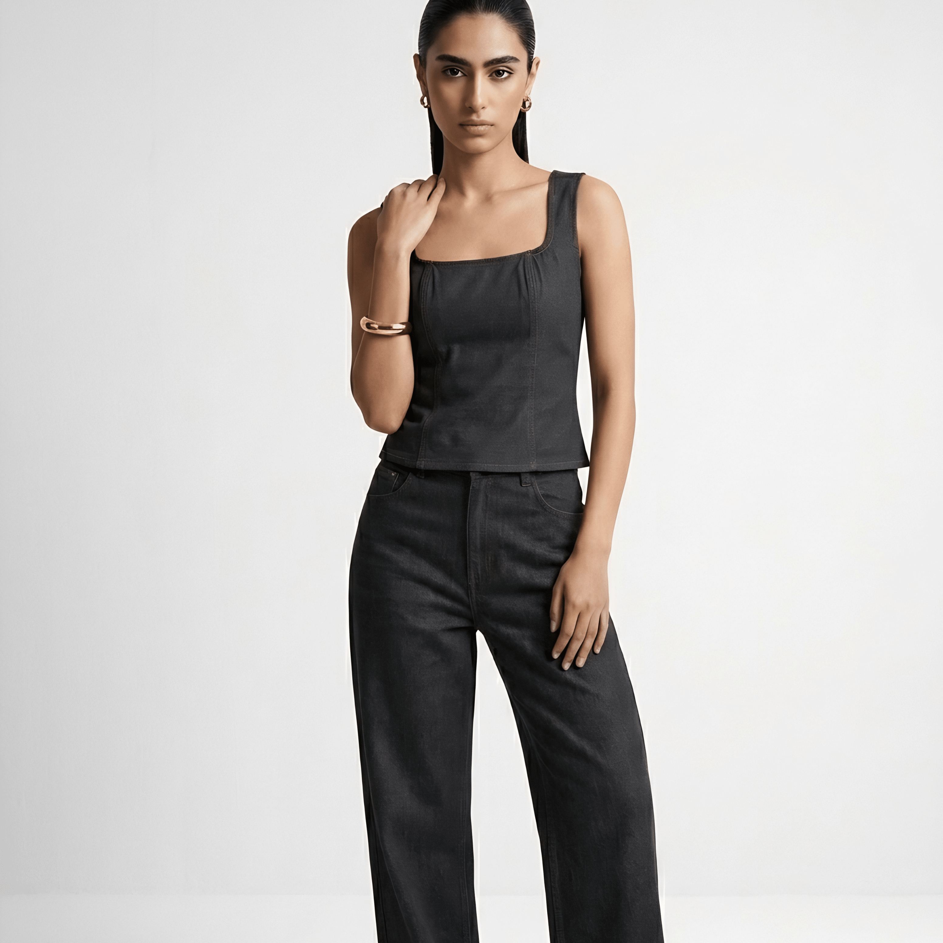 Charcoal Denim Structure Top XS - Premium Unisex Square Neck | LEKSI Pakistan