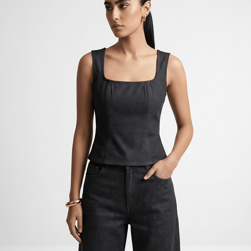 Charcoal Denim Structure Top XS - Premium Unisex Square Neck | LEKSI Pakistan
