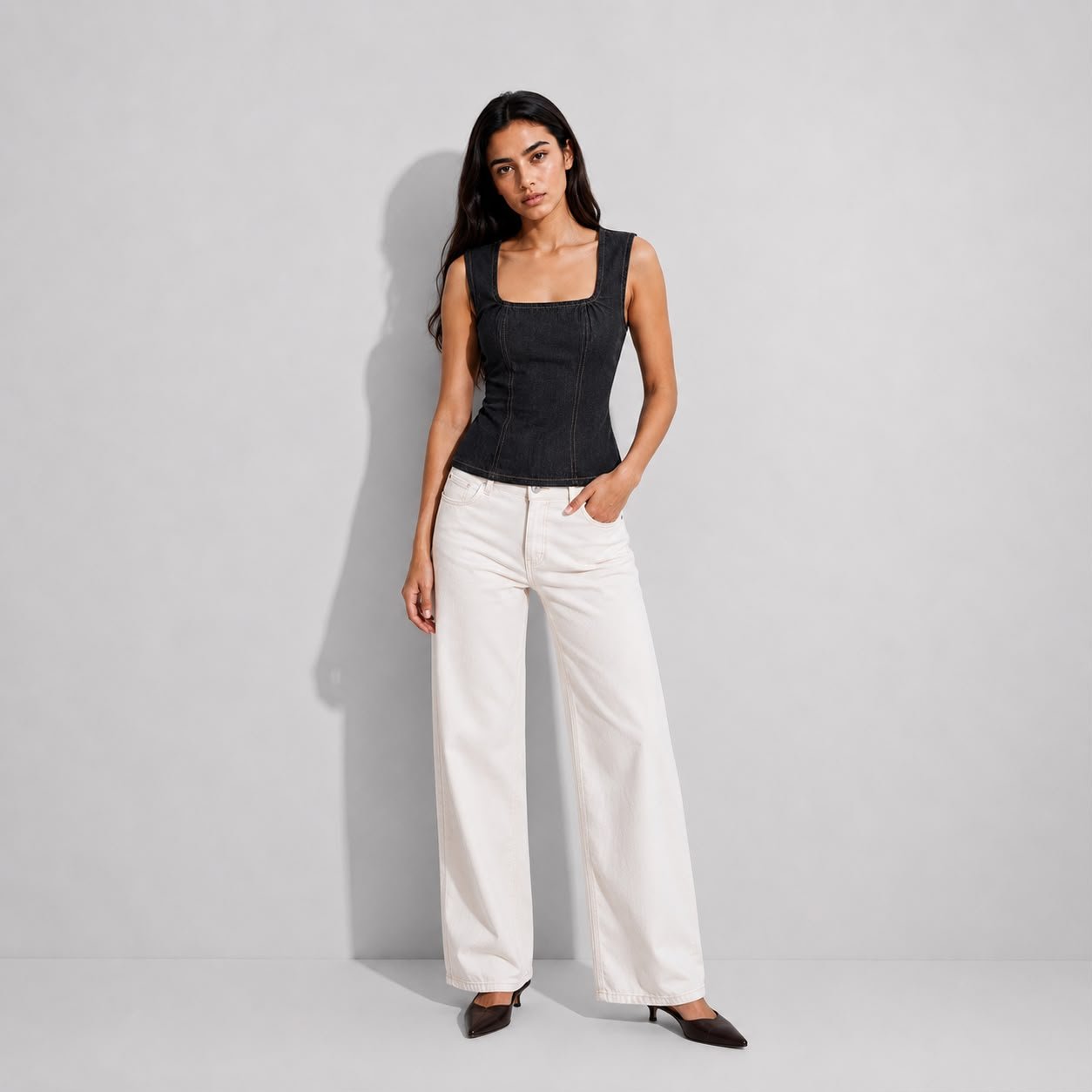 Charcoal Denim Structure Top XS - Premium Unisex Square Neck | LEKSI Pakistan