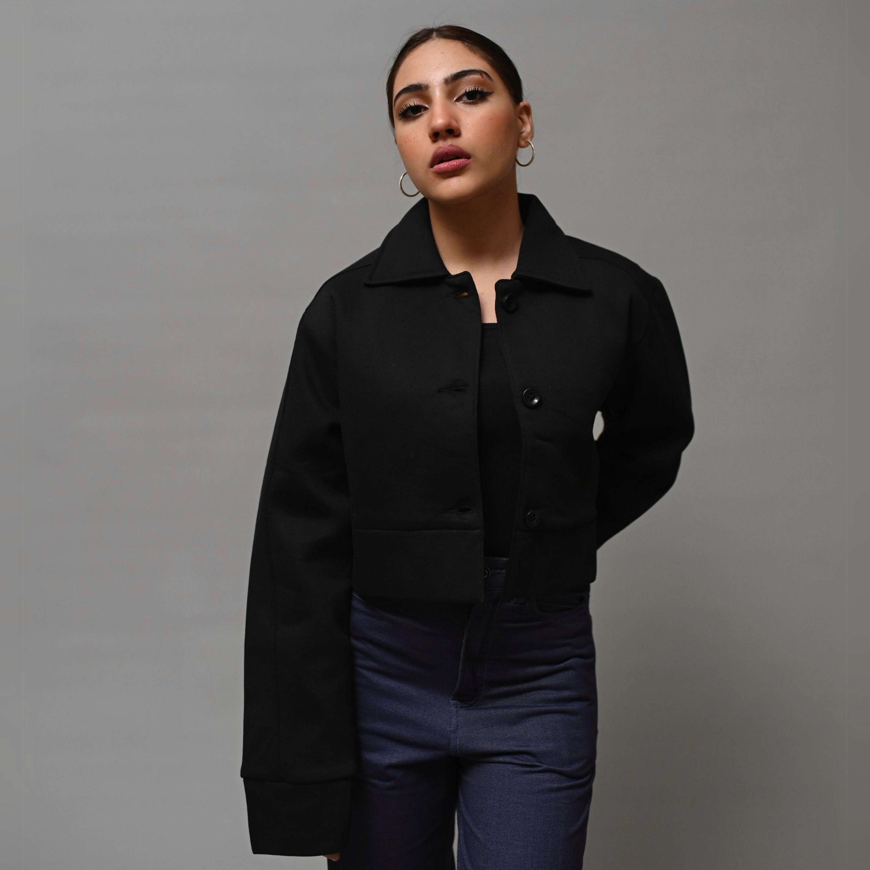 Cropped Black Jacket XS - Premium Unisex Cropped Jacket | LEKSI Pakistan