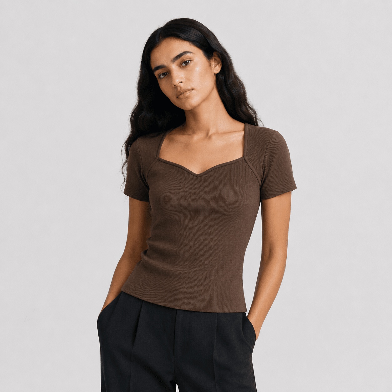 Cupid Cocoa Ribbed Top XS - Premium Unisex Square Neck | LEKSI Pakistan
