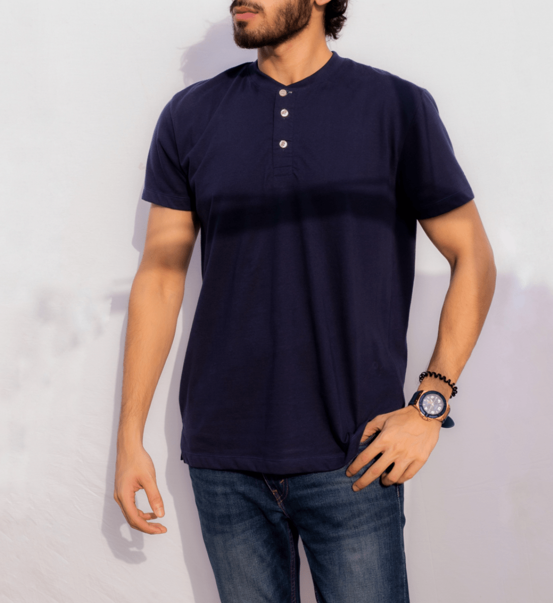 Dark Blue Henley T-Shirt S - Premium Unisex | LEKSI Pakistan