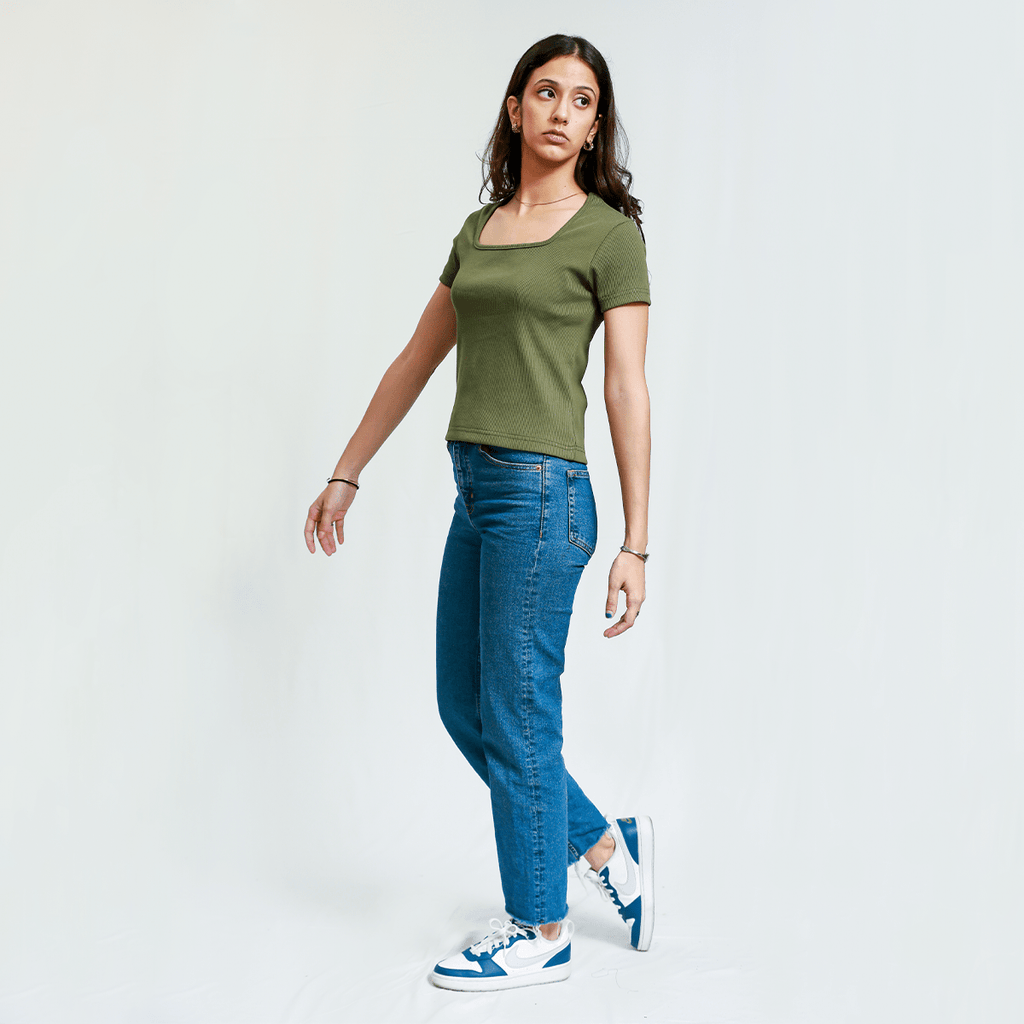 Dark Olive Green Square Neck Ribbed Shirt XXS - Premium Unisex Square Neck | LEKSI Pakistan