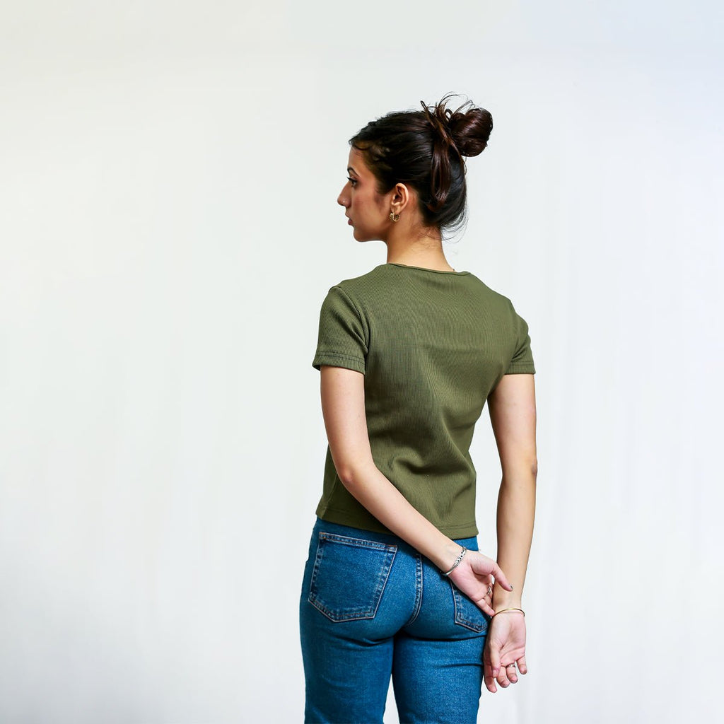Dark Olive Green Square Neck Ribbed Shirt XXS - Premium Unisex Square Neck | LEKSI Pakistan