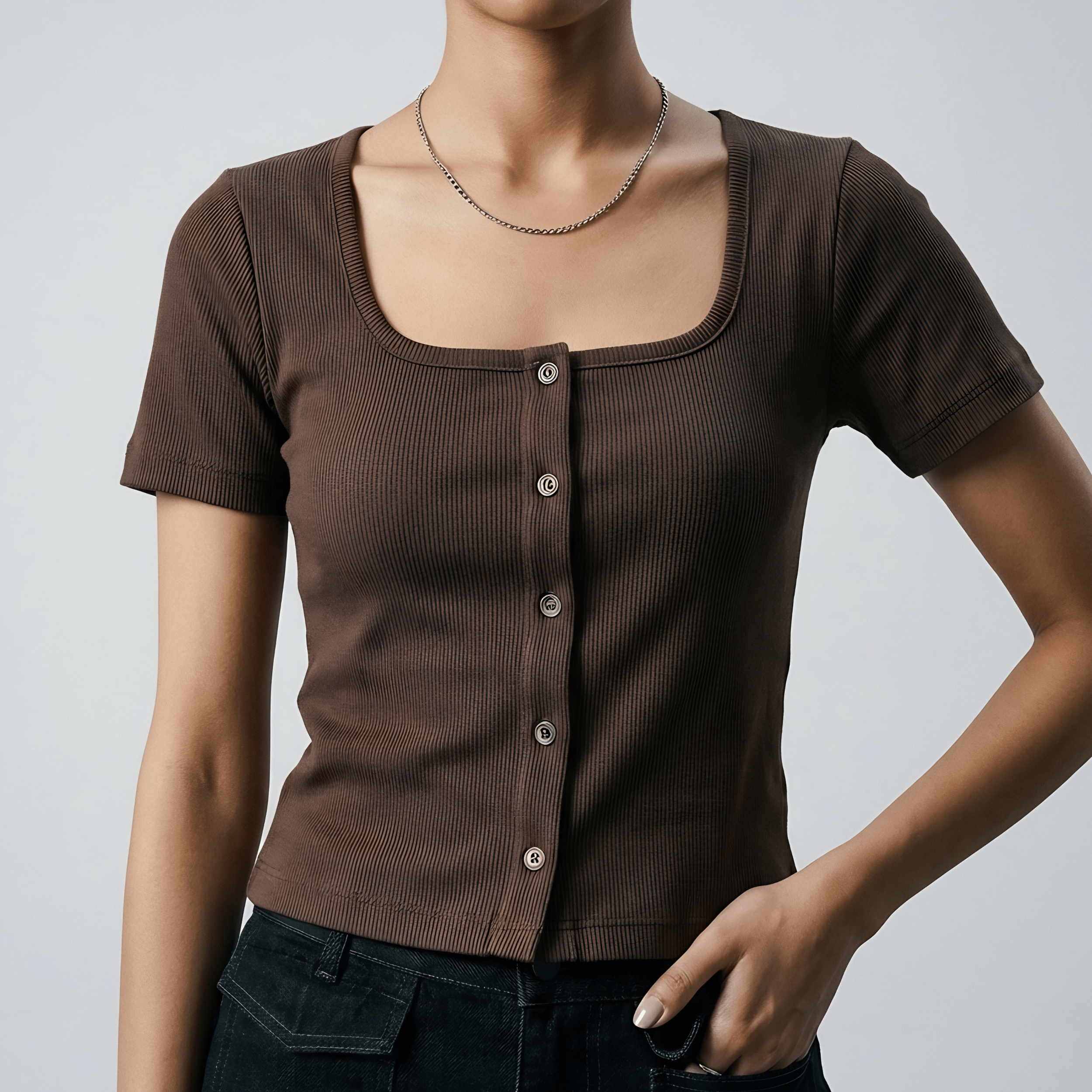 Deep Cocoa Button Through Square Neck Top XXS - Premium Unisex Square Neck | LEKSI Pakistan