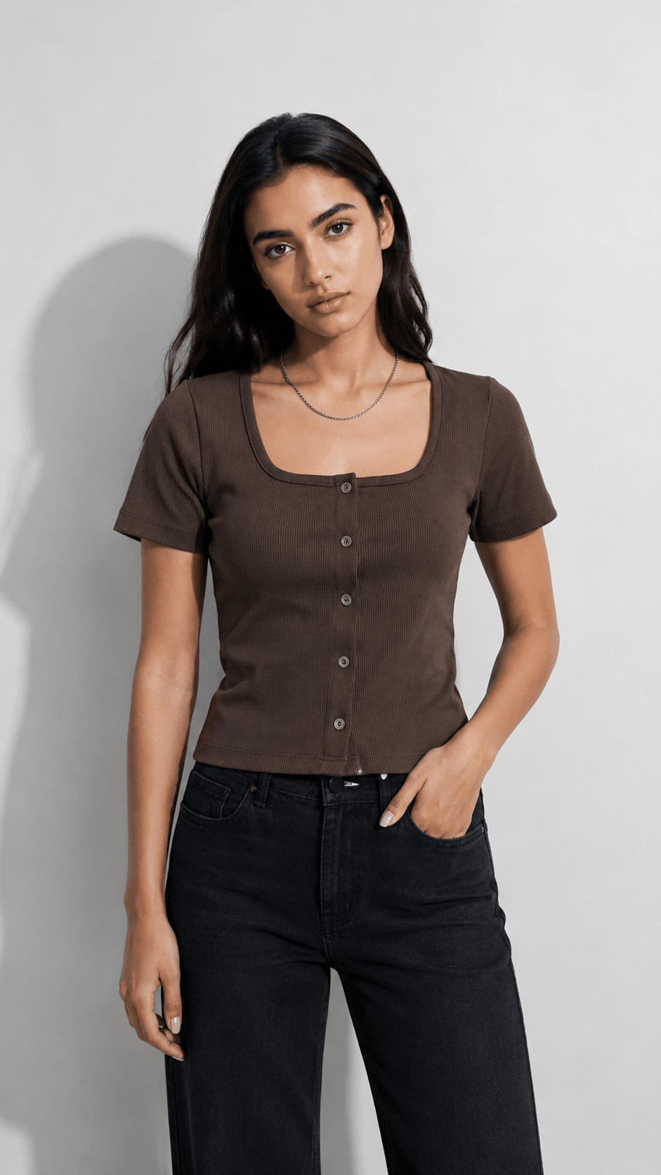Deep Cocoa Button Through Square Neck Top XXS - Premium Unisex Square Neck | LEKSI Pakistan