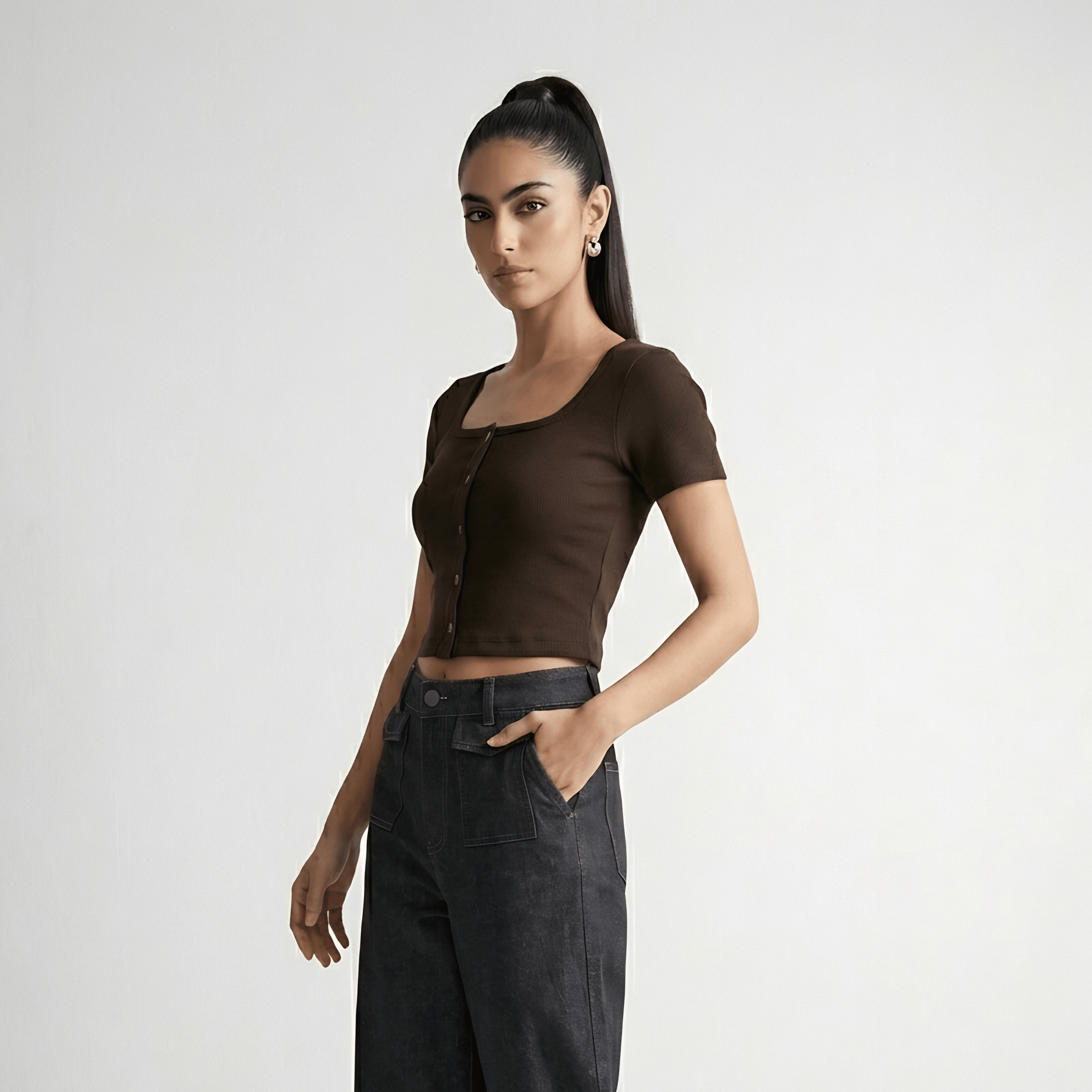Deep Cocoa Button Through Square Neck Top XXS - Premium Unisex Square Neck | LEKSI Pakistan