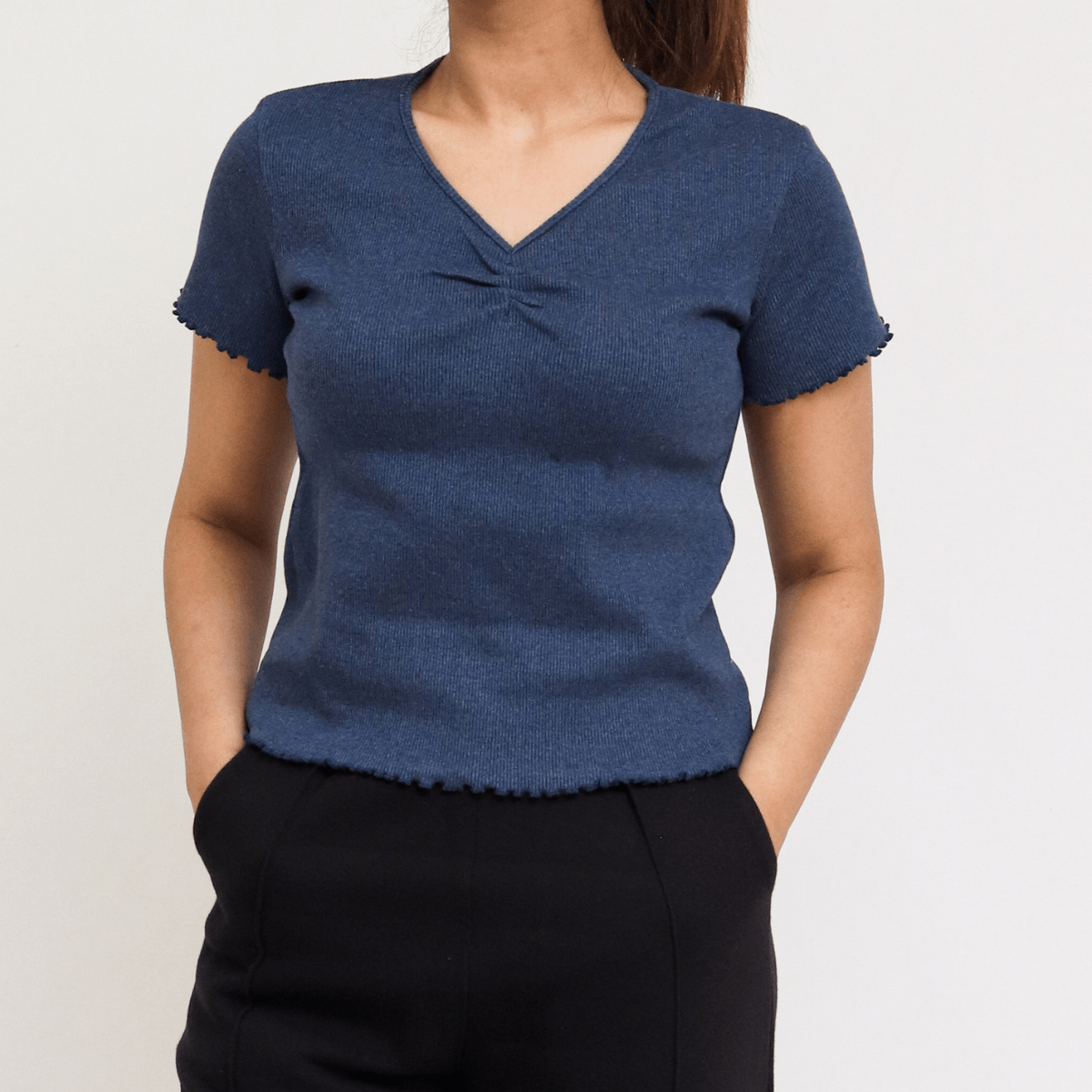 Denim Blue Ribbed V - Neck XXS - Premium Unisex | LEKSI Pakistan