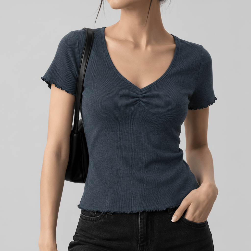 Denim Blue Ribbed V-Neck XXS - Premium Unisex | LEKSI Pakistan
