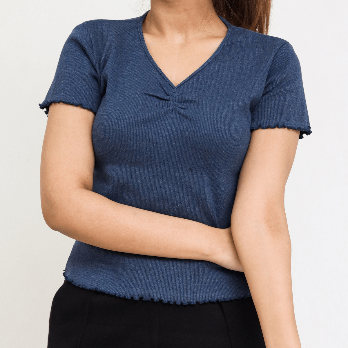 Denim Blue Ribbed V - Neck XXS - Premium Unisex | LEKSI Pakistan