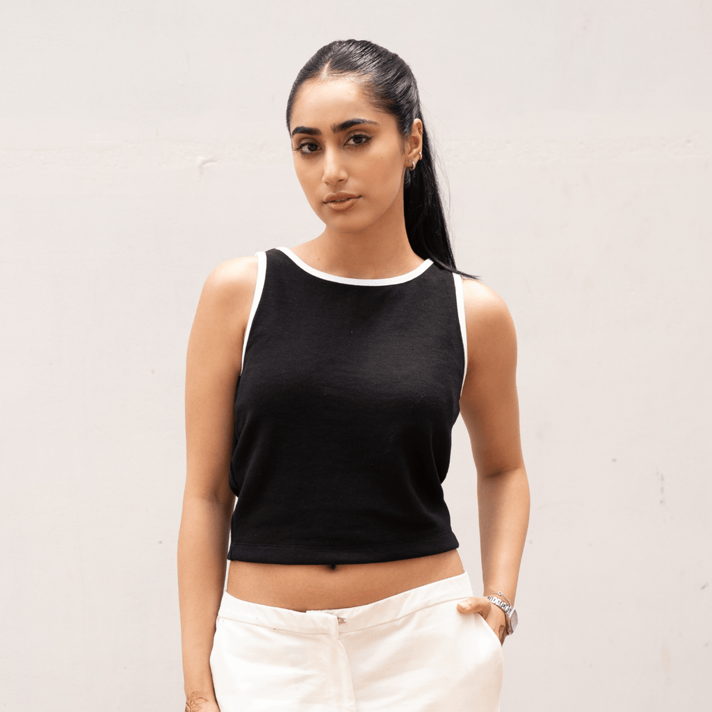 Essential Black Ribbed Tank Top with White Outline XXS - Premium Unisex | LEKSI Pakistan
